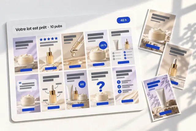 Un tableau « Votre lot est prêt, 10 pubs » avec les vignettes des pubs